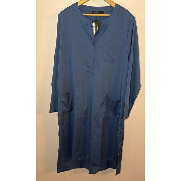 Zanzea Womens XXL Shift Dress Long Sleeve Pockets Midi Blue Silky Lightweight - Picture 2 of 9